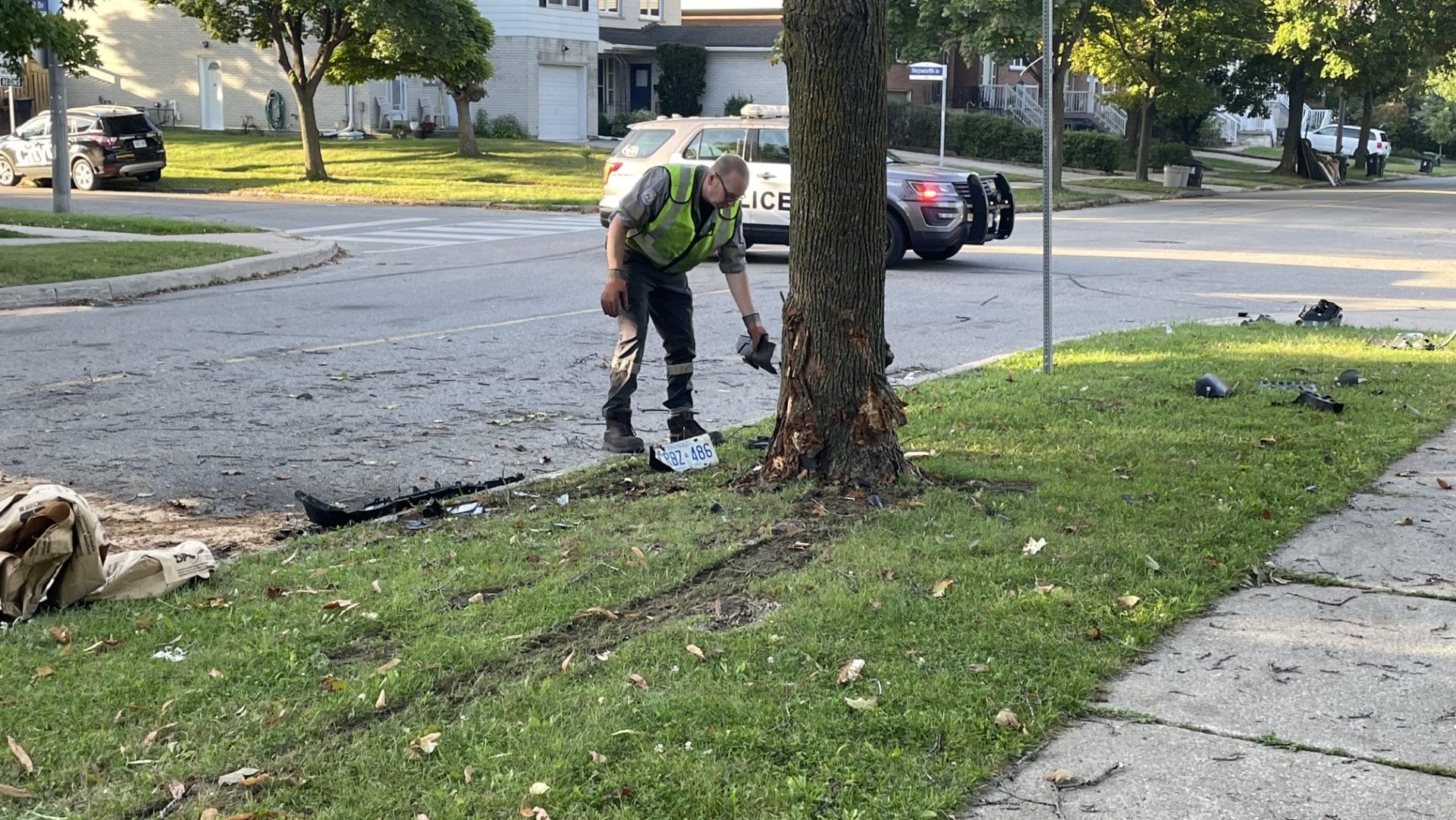 In Etobicoke, a woman drives into a tree and sustains serious injuries