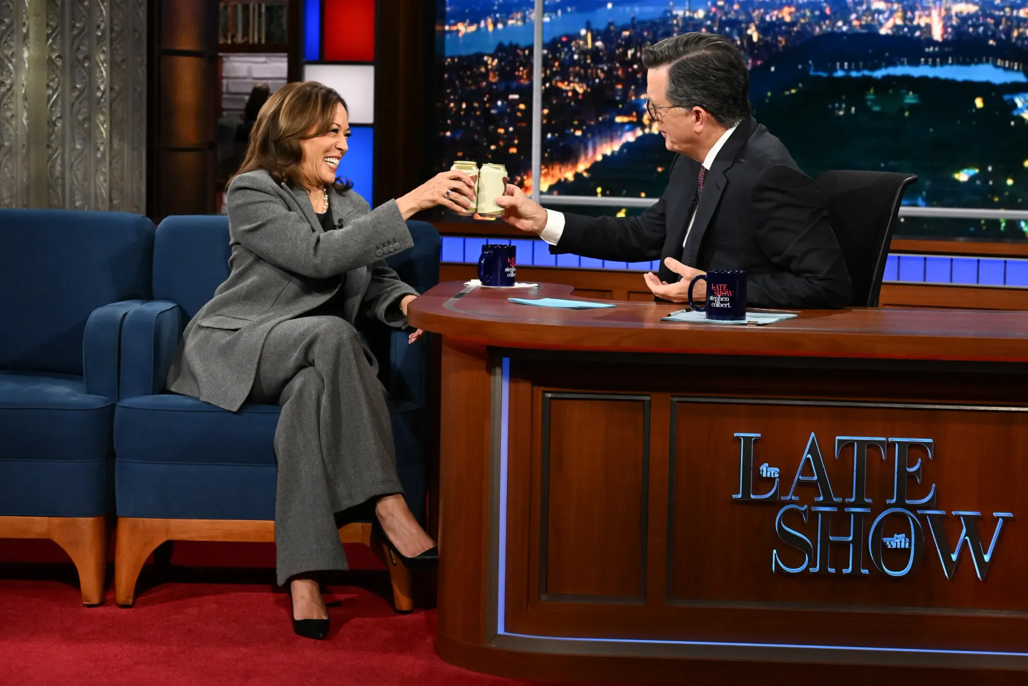 Kamala Harris calls Donald Trump ‘a loser,’ sips beer with Stephen Colbert