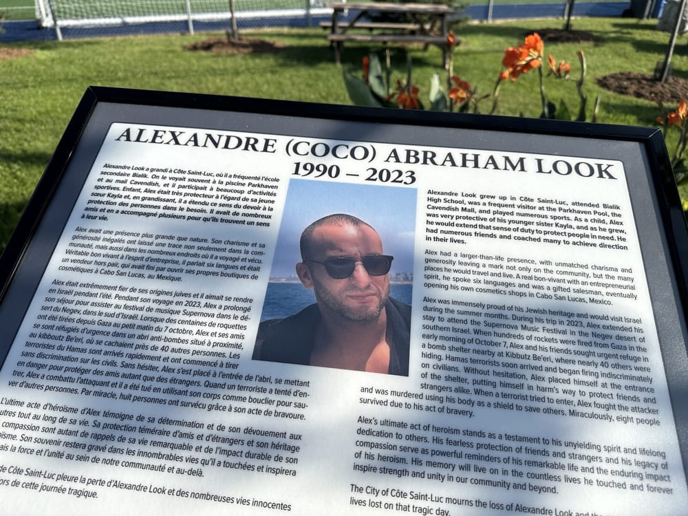 'Don't forget him': Alexandre Look, a Montrealer who was slain in Israel on October 7, is honoured with a green spot in Côte Saint-Luc post image